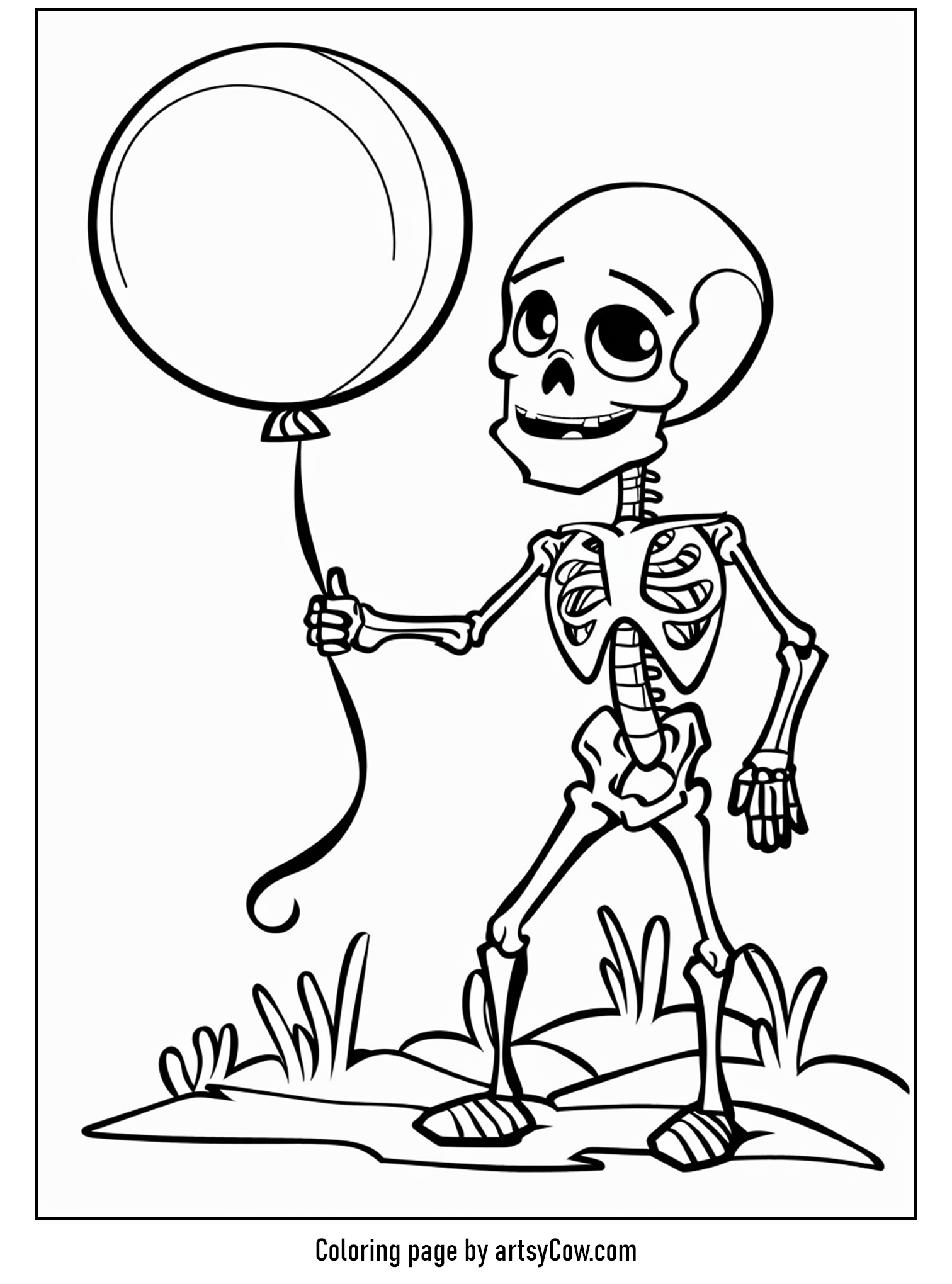 free halloween coloring pages for kids and adults, showcasing a friendly skeleton holding a giant balloon.